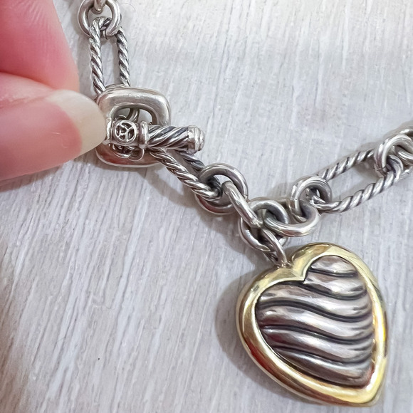 David Yurman 925 Sterling Silver 18K Yellow Gold Heart Pendant Figaro Necklace - Picture 4 of 7